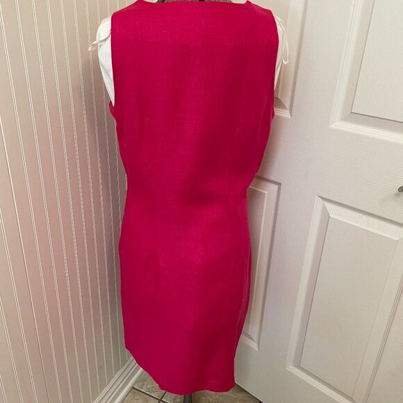 SAKE 100% LINEN BUTTON FRONT SLEEVELESS SHEATH DRESS, FUSHIA, SIZE 10 - Picture 3 of 7